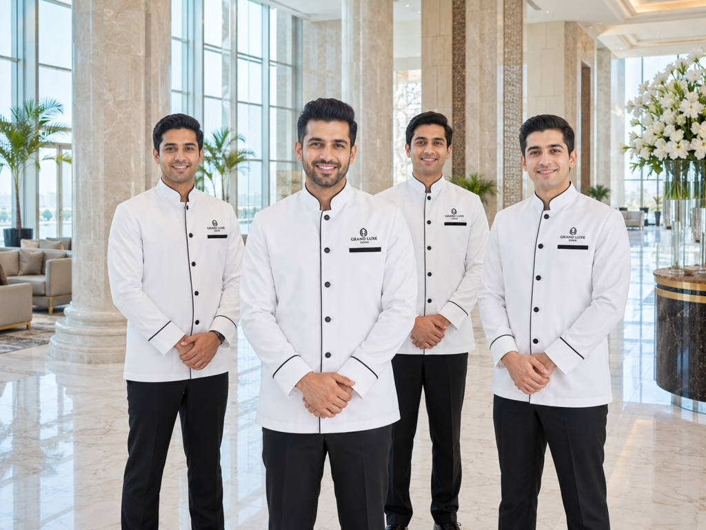 A professional portrait of male hotel housekeeping and cleaning staff in Qatar 2026 wearing premium white uniforms in a luxury hotel lobby in Doha, representing MSQ Trading WLL recruitment solutions.