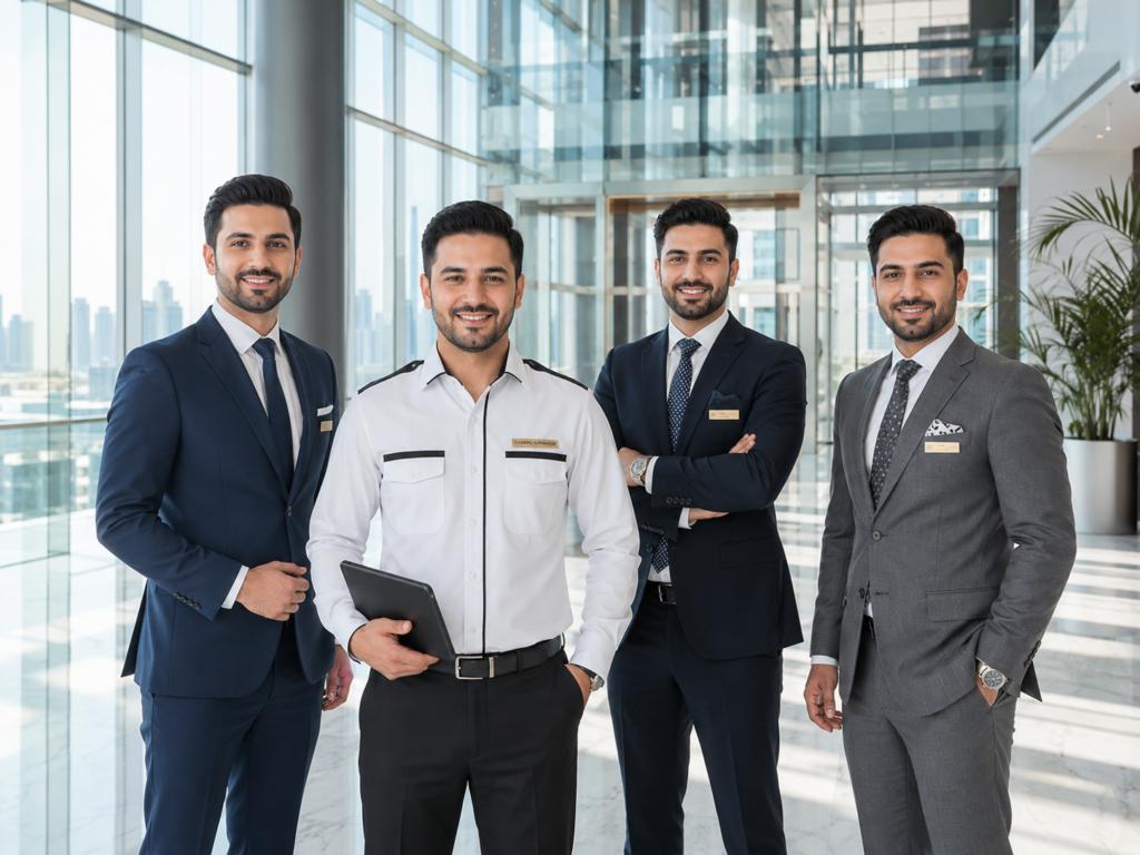 A wide-angle group portrait of professional male facility operations supervisors and cleaning supervisors standing in a bright modern commercial building lobby in Doha Qatar, illustrating the 2026 commercial cleaning manpower cost guide breakdown.