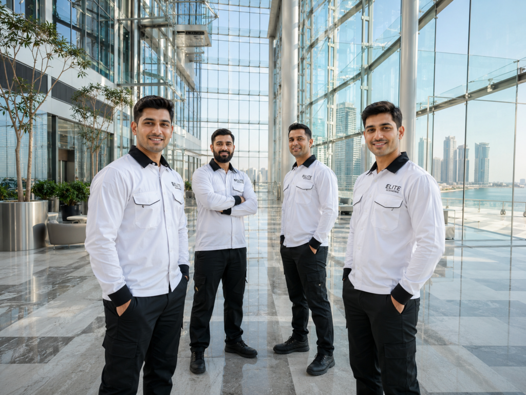 Four professional male commercial cleaning staff standing in a premium corporate glass building lobby, supplied by MSQ, a leading commercial cleaning staff supplier in Qatar.